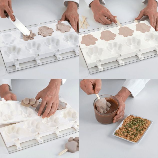 Réalisation de glaces enrobées de chocolat dans le moule Patte de chien Réalisation de glaces enrobées de chocolat dans le moule Patte de chien