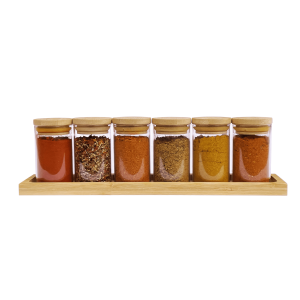 DLUO Courte Plateau en Bambou avec 6 Pots d'Épices Un Jour Une Epice DLUO Courte Plateau en Bambou avec 6 Pots d'Épices Un Jour Une Epice