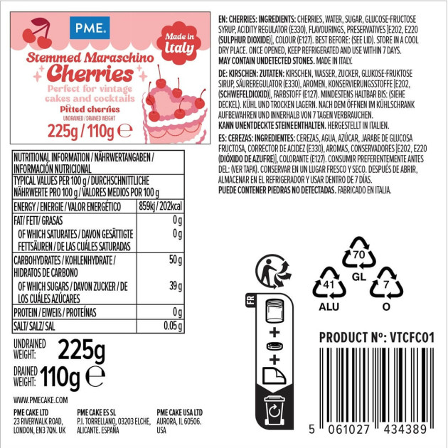 Cerises Maraschino Rouges avec Queue informations